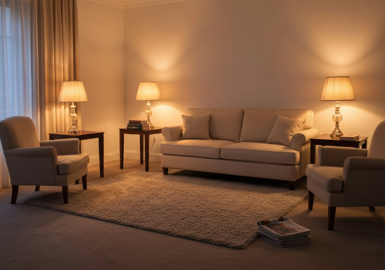 A cozy living room with warm ambient lighting in the evening.