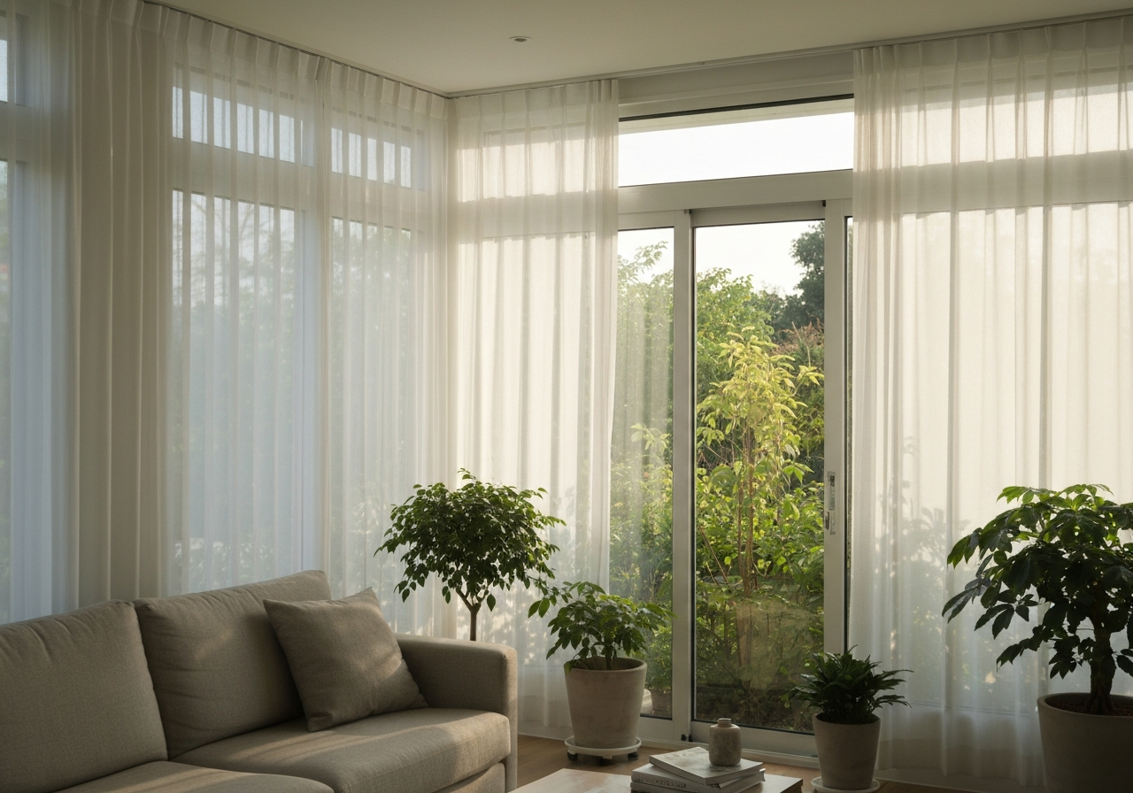Sunlight streaming into a minimalist living room with large windows overlooking a garden.