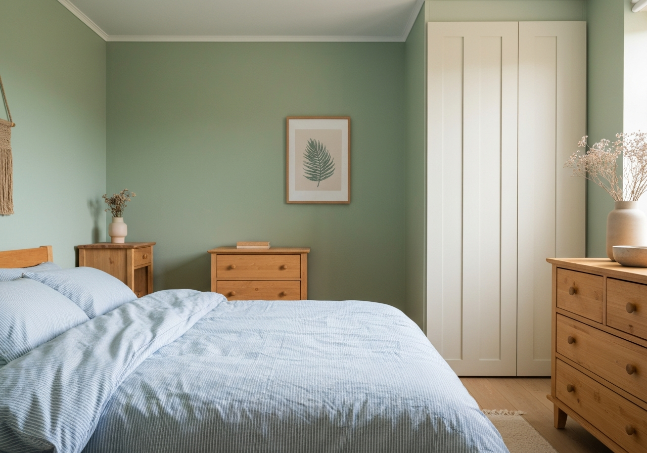 A serene bedroom with walls painted in a soft sage green and accented with muted blues and natural wood tones.