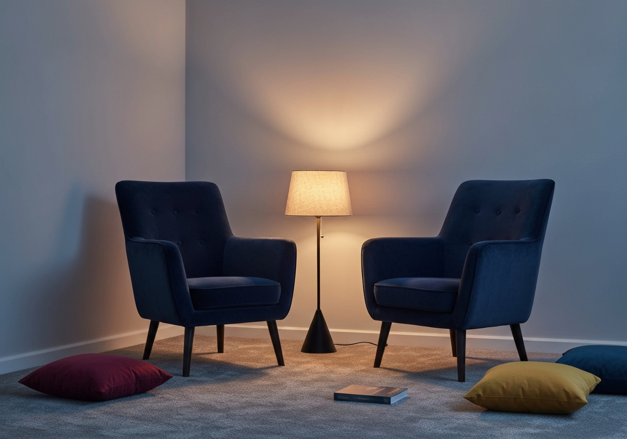 A cozy reading nook with a plush armchair, soft blanket, and a pile of books, bathed in warm lamplight.