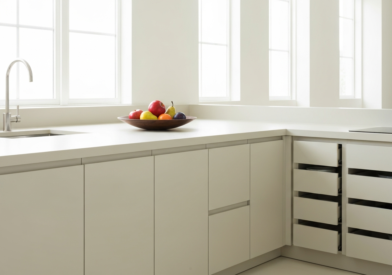 A clean and organized minimalist kitchen with clear countertops and neatly arranged cabinets.
