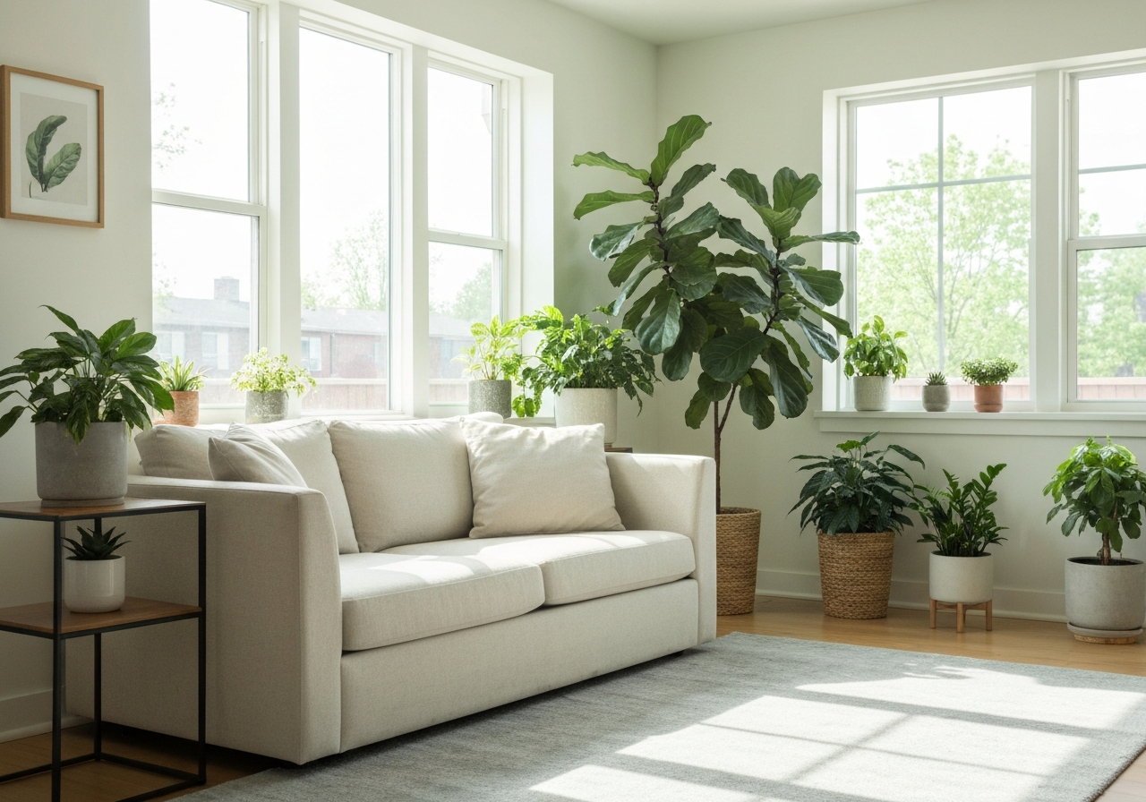 A modern living room filled with lush green houseplants, creating a vibrant and calming atmosphere.